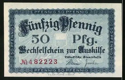 Notgeld Lübeck 1918, 50 Pfennig, Wappen und Unterschrift