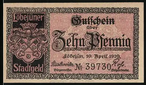 Notgeld Löbejün 1920, 10 Pfennig, Wappen mit Schlüsseln, Loewe`s Geburtshaus