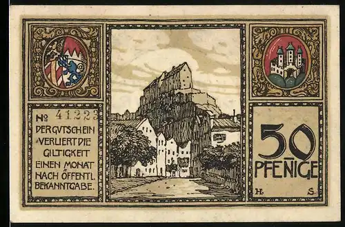 Notgeld Burghausen 1918, 50 Pfennig, Strassenpartie mit Blick zur Burg