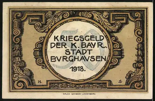 Notgeld Burghausen 1918, 50 Pfennig, Strassenpartie mit Blick zur Burg