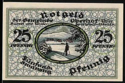 Notgeld Oberhof 1919, 25 Pfennig, Skifahrer vor dem Ort