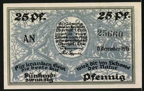 Notgeld Oberhof 1919, 25 Pfennig, Skifahrer vor dem Ort