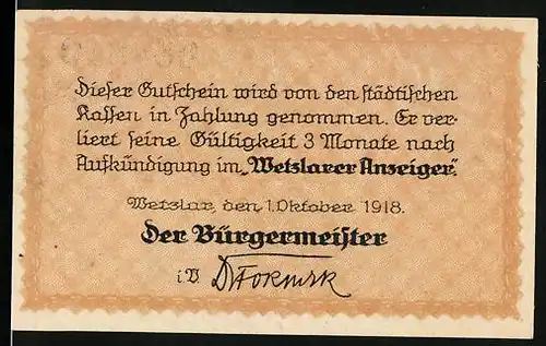 Notgeld Wetzlar 1918, 50 Pfennig, Ortsansicht mit Brücke