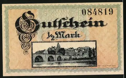 Notgeld Wetzlar 1918, 50 Pfennig, Ortsansicht mit Brücke