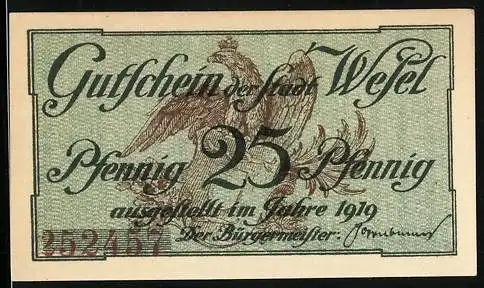 Notgeld Wesel 1919, 25 Pfennig, Adler trägt Wappen, pompöses Tor