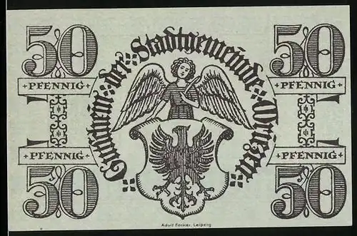 Notgeld Wriezen 1921, 50 Pfennig, Engel mit Wappen, Kirche