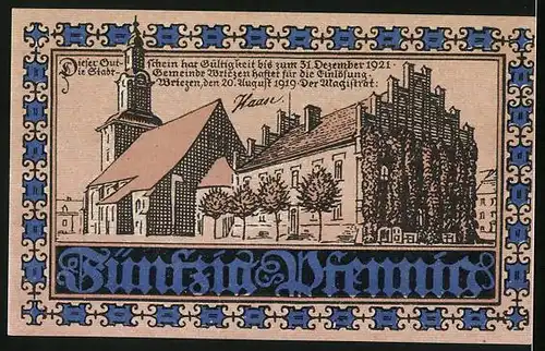 Notgeld Wriezen 1921, 50 Pfennig, Engel mit Wappen, Kirche