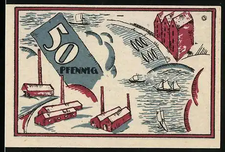 Notgeld Wilhelmshaven 1920, 50 Pfennig, Schiffe und Fabrikgebäude