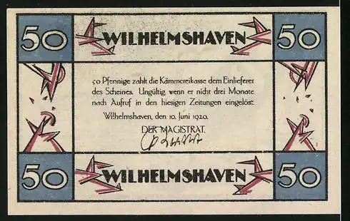 Notgeld Wilhelmshaven 1920, 50 Pfennig, Schiffe und Fabrikgebäude