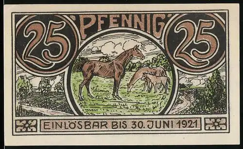 Notgeld Winsen 1921, 25 Pfennig, Pferde grasen auf der Weide, Bauer mit Hund