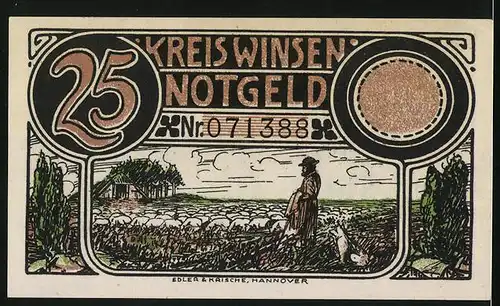 Notgeld Winsen 1921, 25 Pfennig, Pferde grasen auf der Weide, Bauer mit Hund