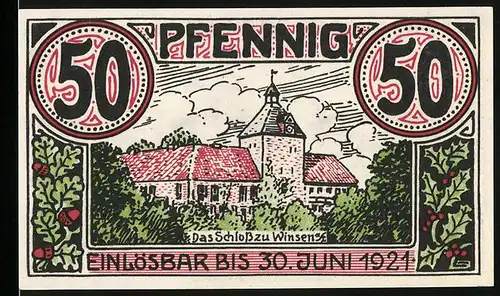 Notgeld Winsen 1921, 50 Pfennig, Schloss, Kuhherde am Grasen