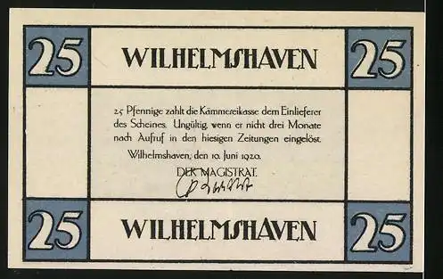 Notgeld Wilhelmshaven 1920, 25 Pfennig, Schiffe auf dem Wasser