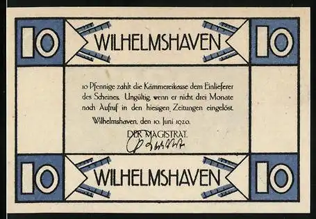 Notgeld Wilhelmshaven 1920, 10 Pfennig, Wappen mit Schwertern und Krone