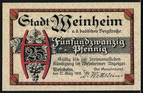 Notgeld Weinheim 1918, 25 Pfennig, An der Bergstrasse
