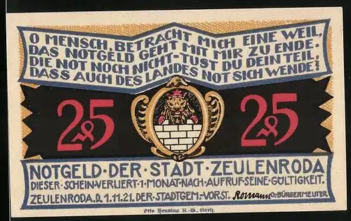 Notgeld Zeulenroda 1921, 25 Pfennig, Wappen, Strassenpartie mit Kirche
