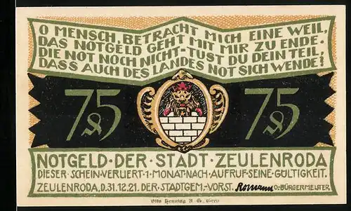 Notgeld Zeulenroda 1921, 75 Pfennig, Soldaten zur Zeit von Ziska und Holck