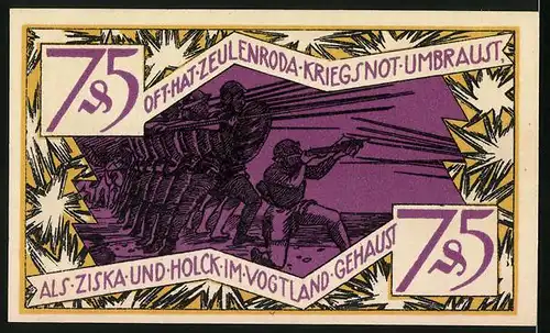 Notgeld Zeulenroda 1921, 75 Pfennig, Soldaten zur Zeit von Ziska und Holck