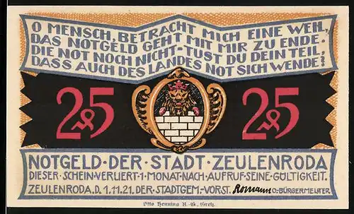 Notgeld Zeulenroda 1921, 25 Pfennig, Partie in einer Gasse