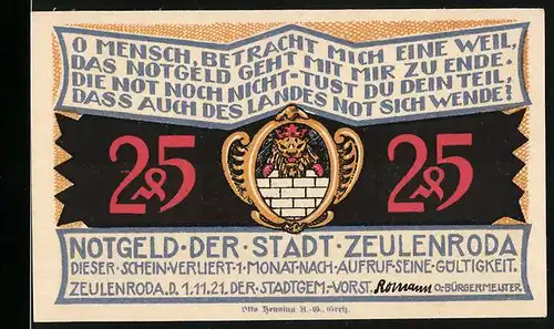 Notgeld Zeulenroda 1921, 25 Pfennig, Silhouette der Stadt