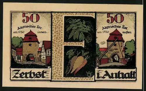Notgeld Zerbst 1921, 50 Pfennig, Akensches Tor innen und aussen