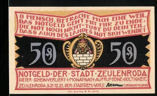 Notgeld Zeulenroda 1921, 50 Pfennig, Kirche und Friedhof