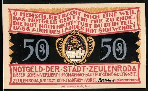 Notgeld Zeulenroda 1921, 50 Pfennig, Kleiner Hügel im Hof mit Blick auf die Kirche