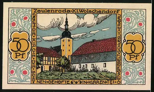 Notgeld Zeulenroda 1921, 50 Pfennig, Kleiner Hügel im Hof mit Blick auf die Kirche