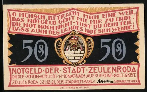 Notgeld Zeulenroda 1921, 50 Pfennig, Stattliches Herrenhaus