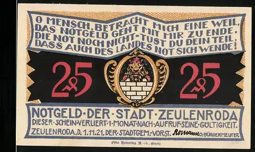 Notgeld Zeulenroda 1921, 25 Pfennig, Strassenpartie mit Blick auf die Kirche im Schnee