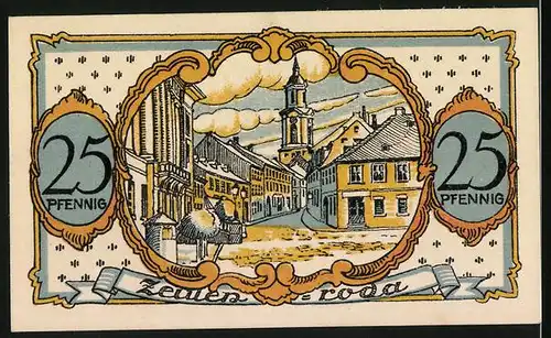 Notgeld Zeulenroda 1921, 25 Pfennig, Strassenpartie mit Blick auf die Kirche im Schnee