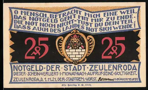 Notgeld Zeulenroda 1921, 25 Pfennig, Die Silhouette der Stadt