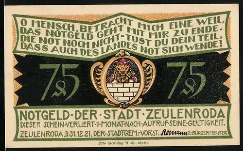 Notgeld Zeulenroda 1921, 75 Pfennig, Kampf zwischen Zünften und Gilden 1792