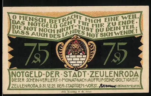 Notgeld Zeulenroda 1921, 75 Pfennig, Soldaten mit Speeren und ein Armbrüstler