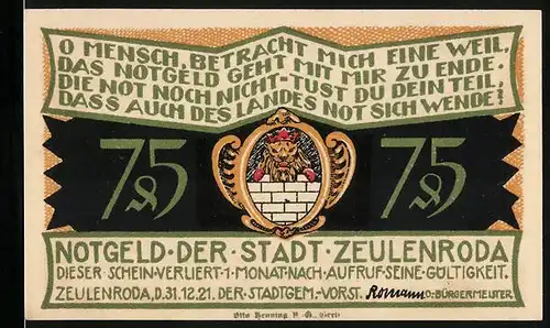 Notgeld Zeulenroda 1921, 75 Pfennig, Kinder mit Eimern während der Wasserknappheit