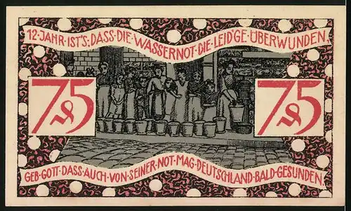 Notgeld Zeulenroda 1921, 75 Pfennig, Kinder mit Eimern während der Wasserknappheit