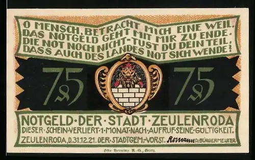 Notgeld Zeulenroda 1921, 75 Pfennig, Die fünf Stadtbrände