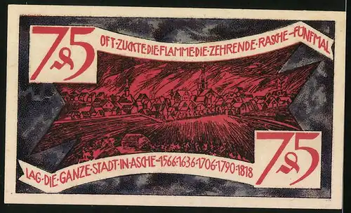 Notgeld Zeulenroda 1921, 75 Pfennig, Die fünf Stadtbrände