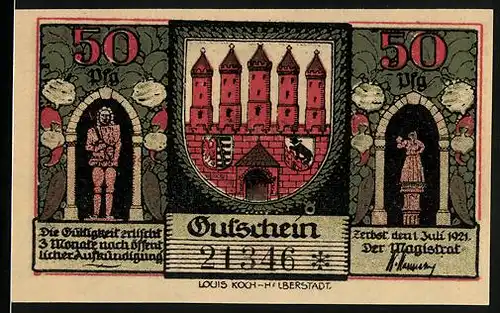 Notgeld Zerbst 1921, 50 Pfennig, Dornburger Tor innen und aussen