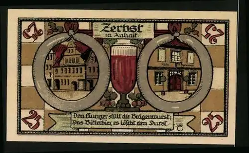 Notgeld Zerbst 1921, 25 Pfennig, Ratsbrauerei und ein Krug Bier
