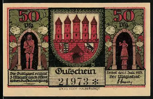 Notgeld Zerbst 1921, 50 Pfennig, Heidetor innen und aussen