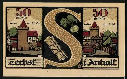 Notgeld Zerbst 1921, 50 Pfennig, Heidetor innen und aussen