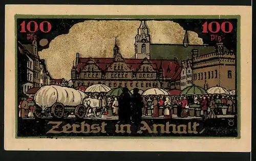 Notgeld Zerbst 1921, 100 Pfennig, Voller Wochenmarkt vor dem Rathaus