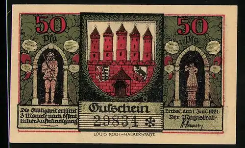 Notgeld Zerbst 1921, 50 Pfennig, Altes und neues Rathaus