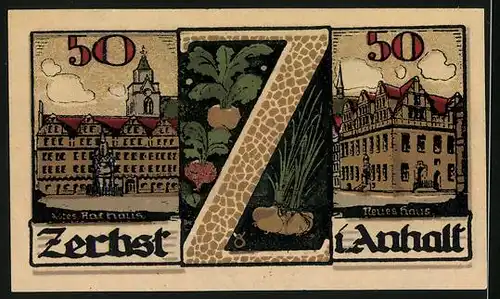 Notgeld Zerbst 1921, 50 Pfennig, Altes und neues Rathaus