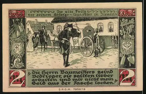 Notgeld Ziesar, 2 Mark, Der Alte Fritz vor seinem Absteige-Quartier