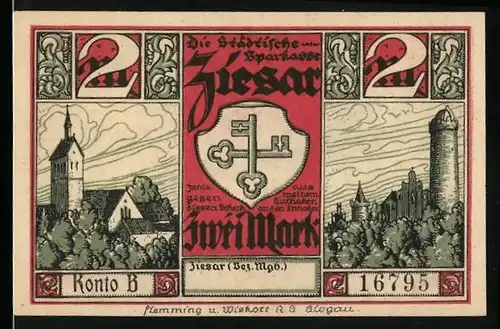 Notgeld Ziesar, 2 Mark, Der Alte Fritz vor seinem Absteige-Quartier, Kirche