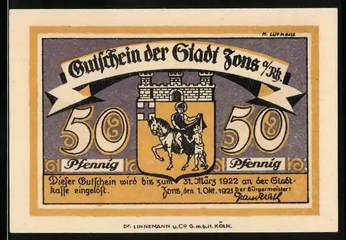 Notgeld Zons a. Rh. 1921, 50 Pfennig, Blick auf den Judenturm