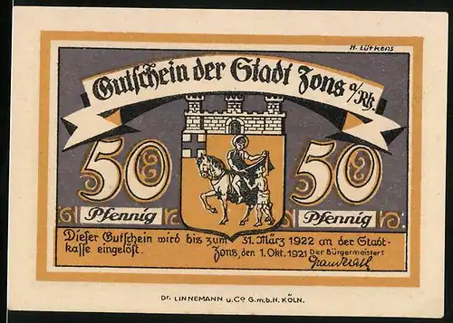 Notgeld Zons a. Rh. 1921, 50 Pfennig, Stadtgraben und Mauerturm
