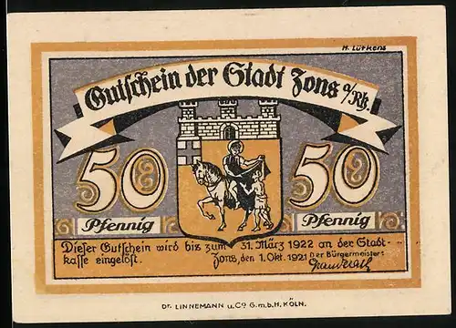 Notgeld Zons a. Rh. 1921, 50 Pfennig, Stadtmauer und -graben